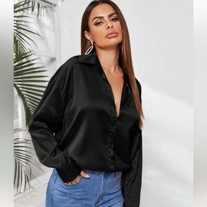 Satin black button up/ tunic top